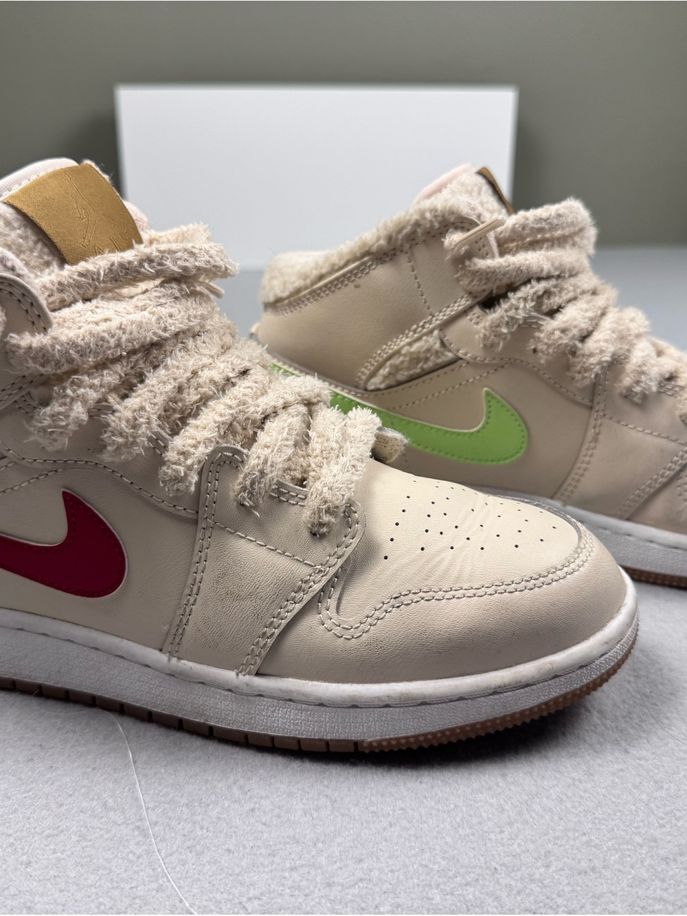 Jordan Kids High-Top Sneakers in Cream with Pink & Lime Swooshes